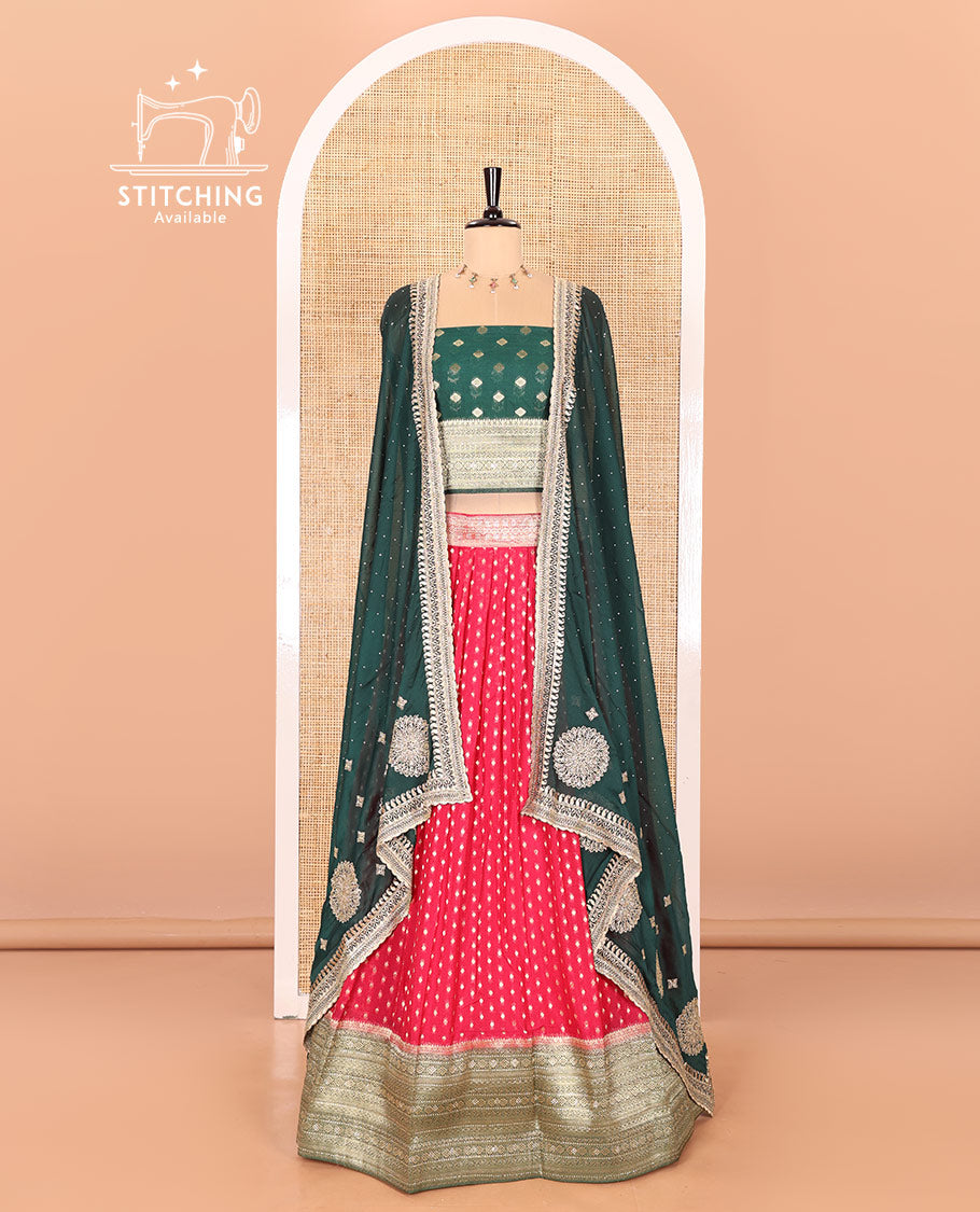 Rani pink Buttas Embroidered Half-Saree with Contrast Traditional Motifs, Embroidered Viscose Georgette Border, Contrast Blouse, Intricately Embroidered Syska Georgette Dhavani, and a Embroidered Belt