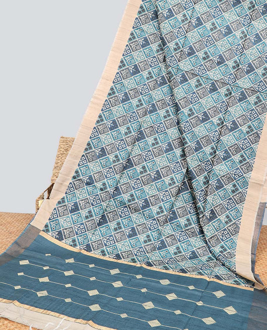 Blue floral enclosed with argyle design tussar silk saree with contrast border & striped design pallu
