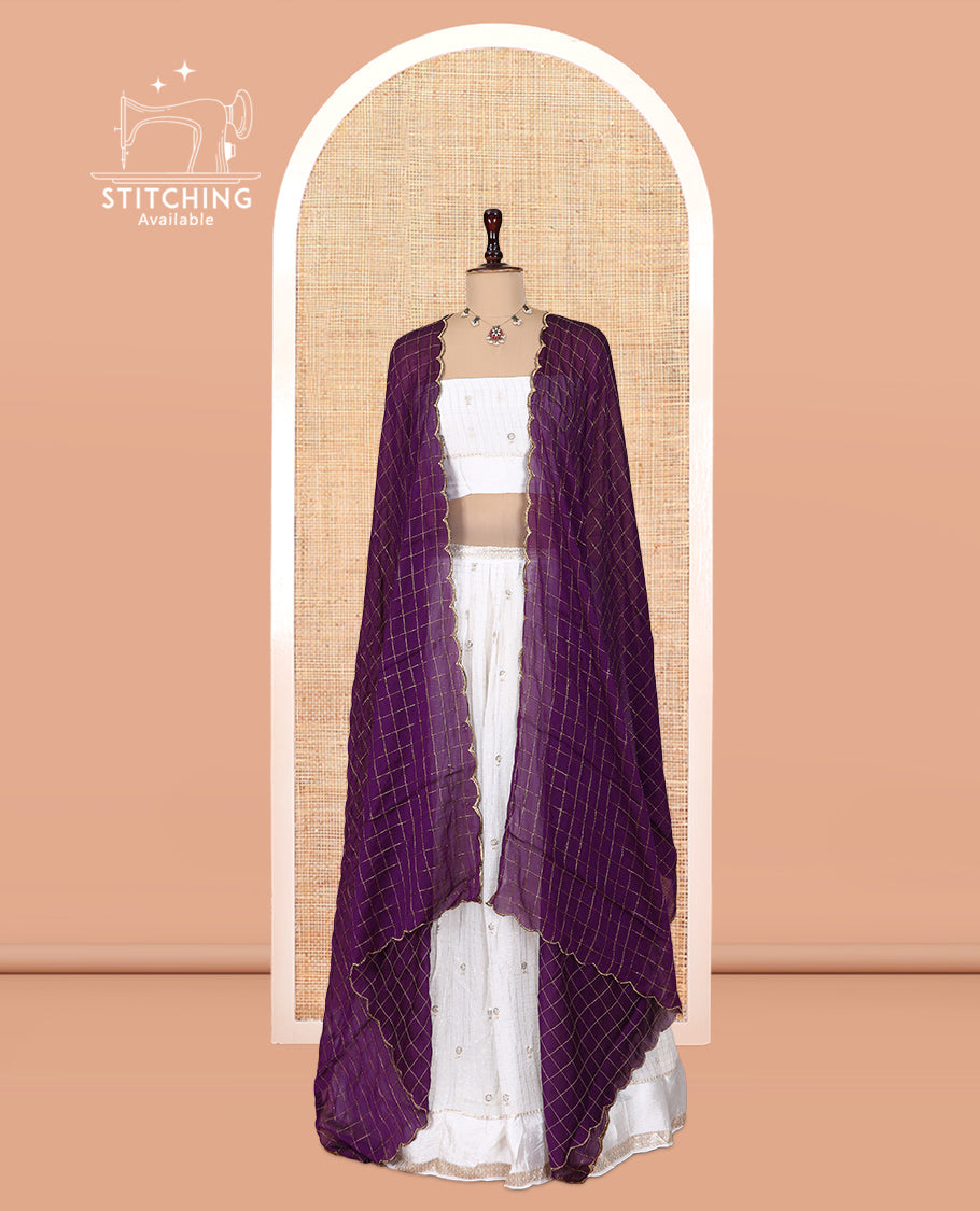 Cream-Dark Purple Viscose Georgette Half-Saree, Buttas Skirt, Matching Blouse, Contrast Checked Dhavani