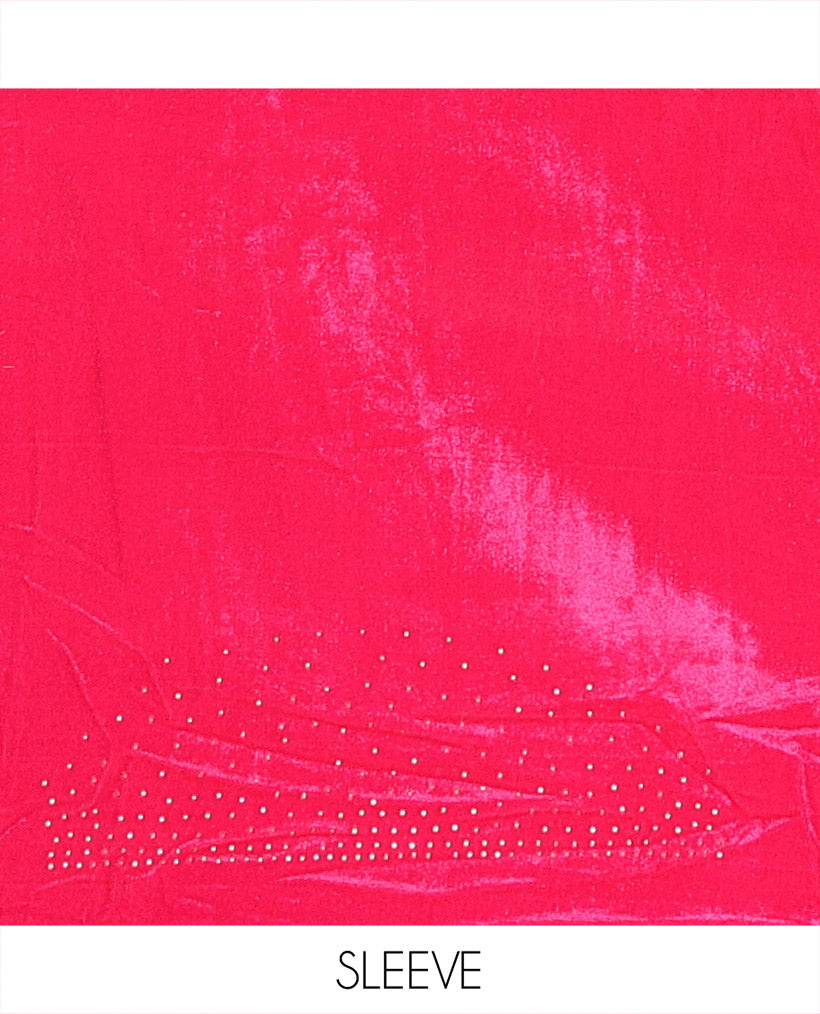 Pink Velvet Half-Saree, Adorned with Swarovski Stonework Skirt, Matching Stonework Blouse, Contrast Net Dhavani