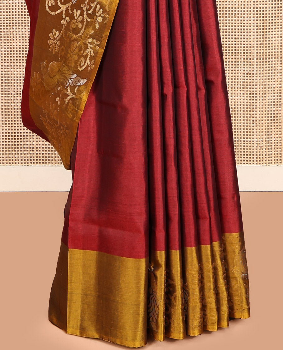 Red Mayuri Lite Silk Mix Saree, Adorned with Floral Buttas, Complemented by a Contrast Floral Border, Pallu of Bird Designs, and a Contrast Blouse