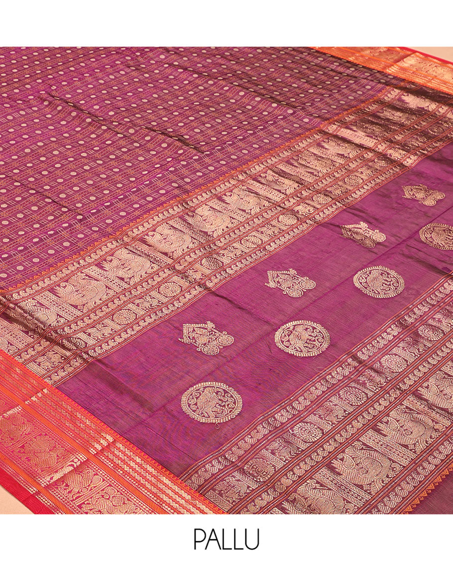 Purple Kuppadam Silk Saree, Adorned with Butta Enclosed Checks, a Contrast Traditional Peacock-Yaali Border, Pallu of Traditional Designs, and a Matching Blouse