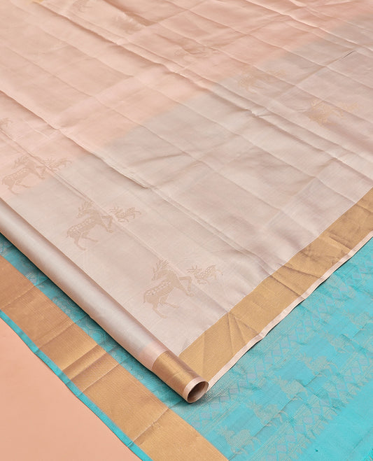Pink Mayuri Soft Silk Saree, Sparsely Woven with Deer Buttas All Over the Body, Highlighted by Zari Bavanji Border, Complemented by Contrast Intricately Designed Pallu, and Paired with a Contrast Blouse