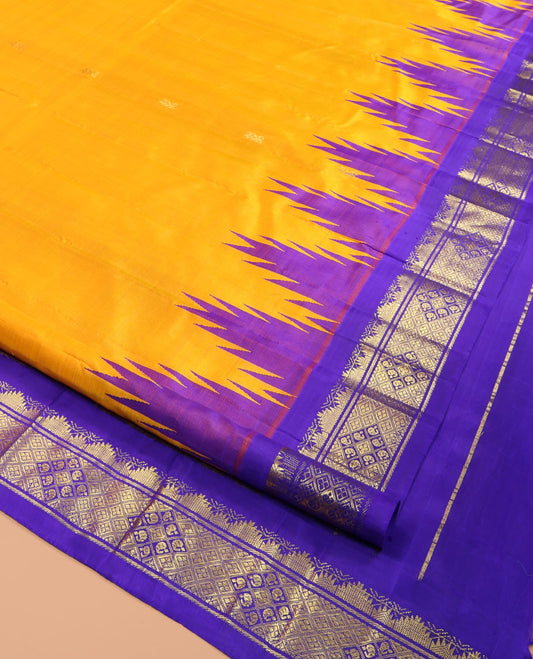 Yellow Kanchipuram Silk Saree, Adorned with Zari Buttas, Complemented by a Contrast One-Sided Thazampoo Rekku Traditional Zari Border, Grand Pallu, and No Blouse