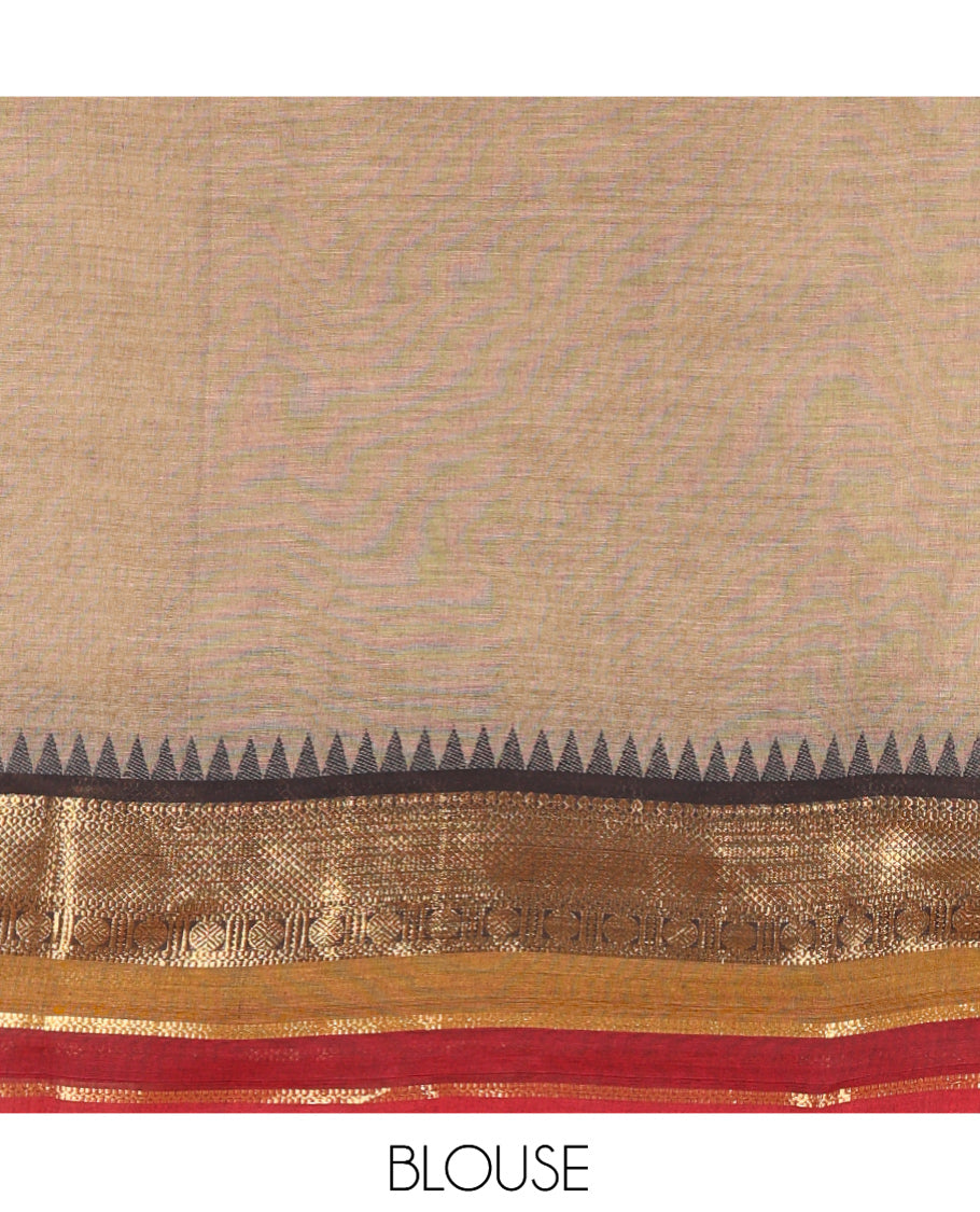 Dark Chikku-Maroon Chettinad Cotton Half-Saree, Contrast Traditional Temple Zari Bordered Skirt, Matching Blouse, and a Contrast Dhavani