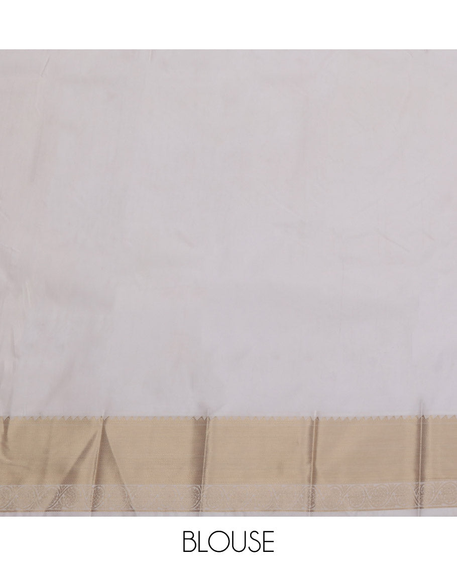 Green Budget Silk Saree, Sparsely Threaded with Buttas, Complemented by a Contrast Traditional Zari Border, Sparsely Woven Pallu, and a Contrast Blouse