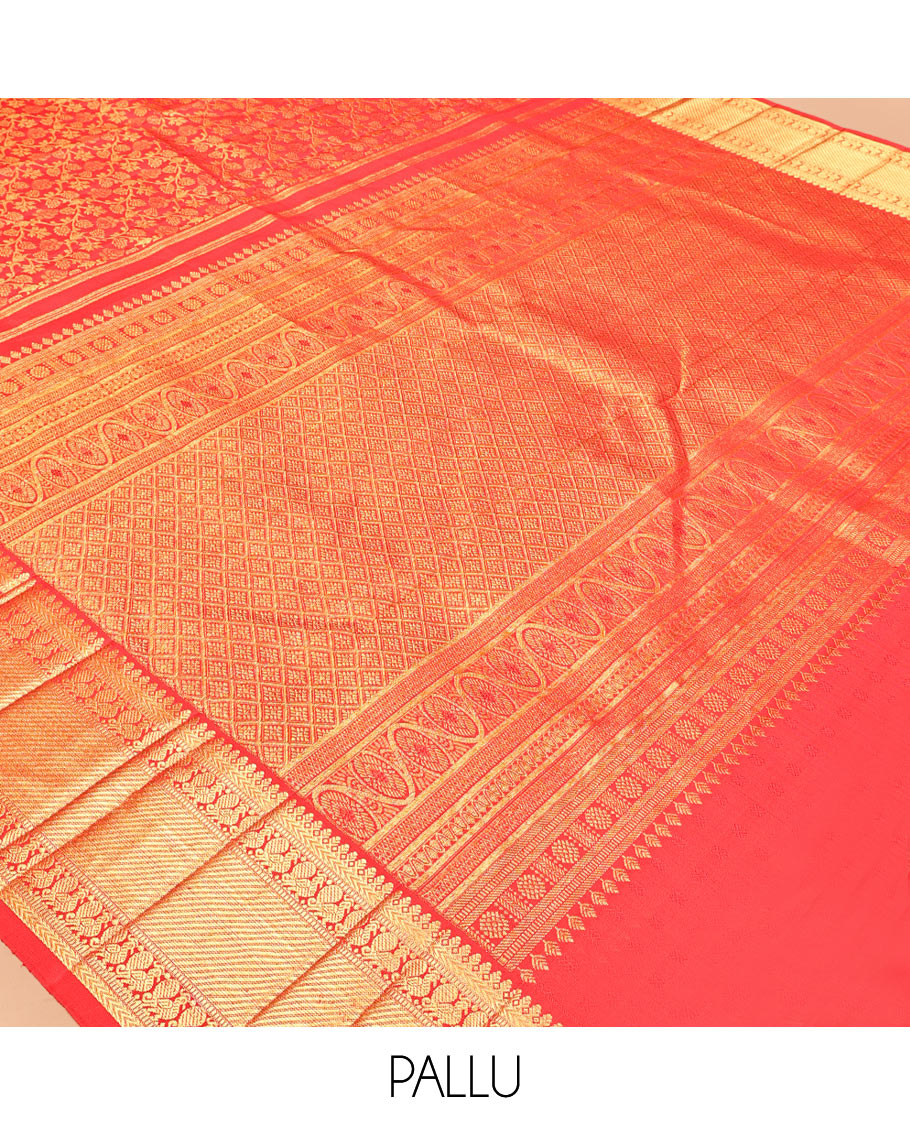 Red Kanchipuram Wedding Silk Saree, Spotlighted with Jacquard Design, Zari Border of Thilakam Mokku, Kathir, and Mayil Designs, Grand Jaal Pallu, and a Matching Blouse