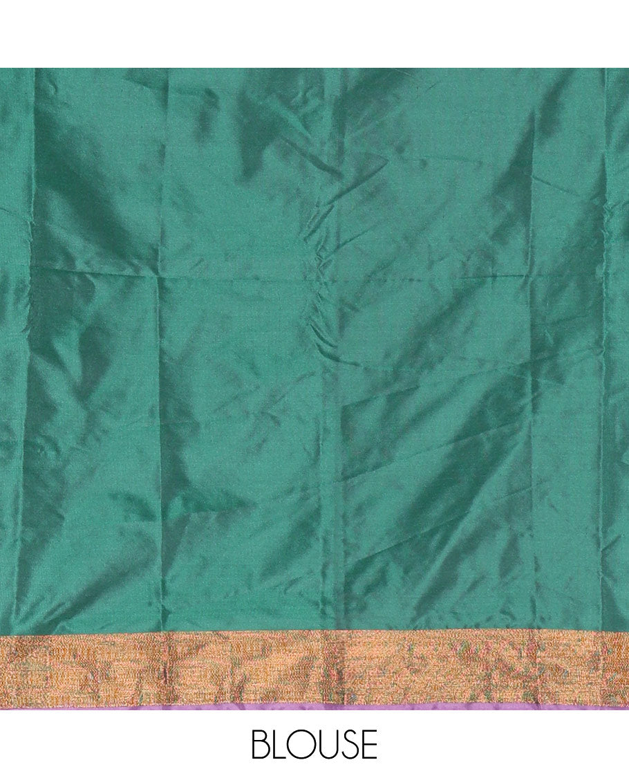 Lavender and green half-saree with paisley buttas with contrast traditional bordered taffeta silk skirt, a matching blouse, and a contrast bordered syska georgette dhavani