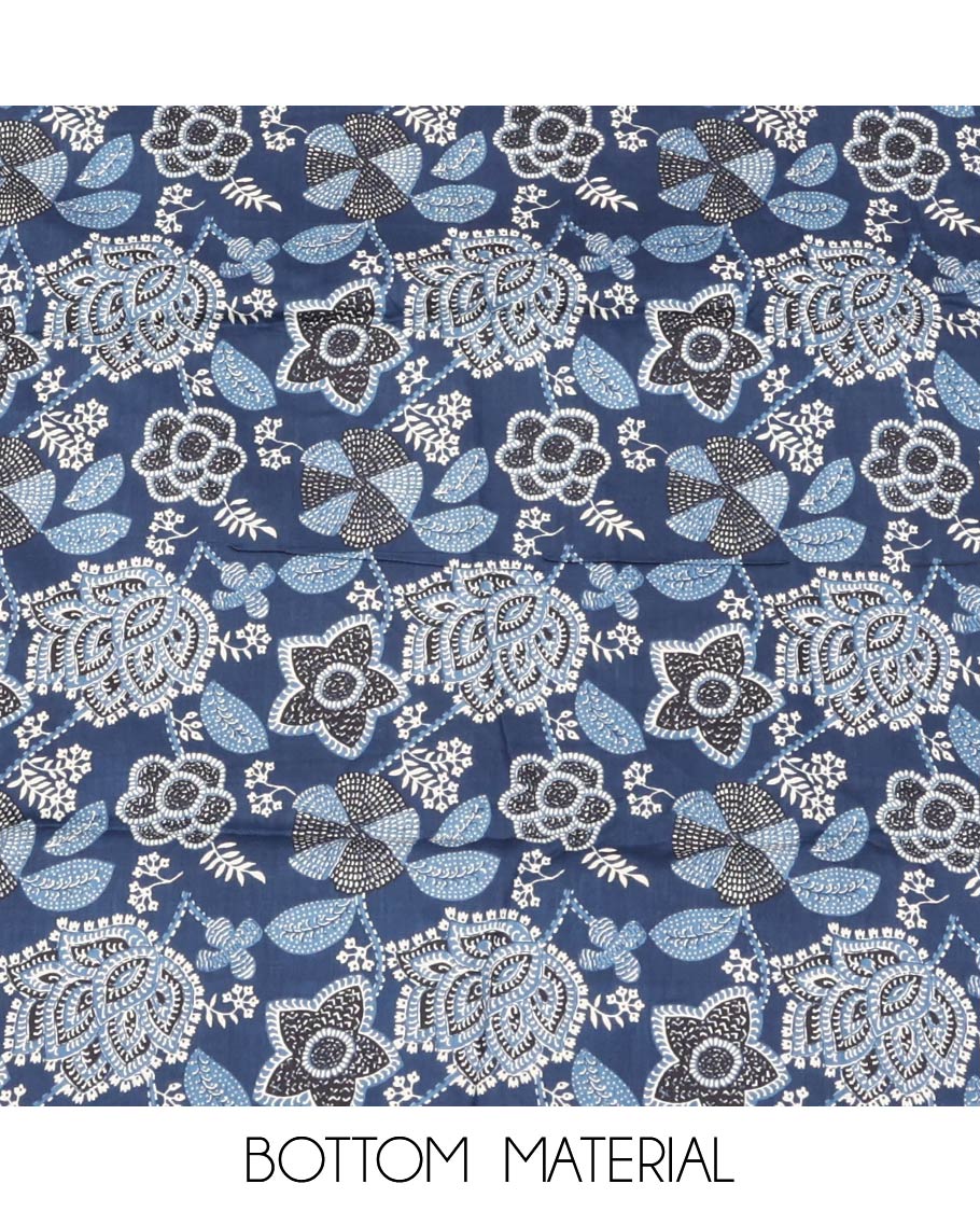 Blue Material Chudidar Set, Elevated with Intricate Designs and Thread Work Cotton Top, a Floral Printed Cotton Bottom, and Paired with an Intricately Printed Cotton Dupatta