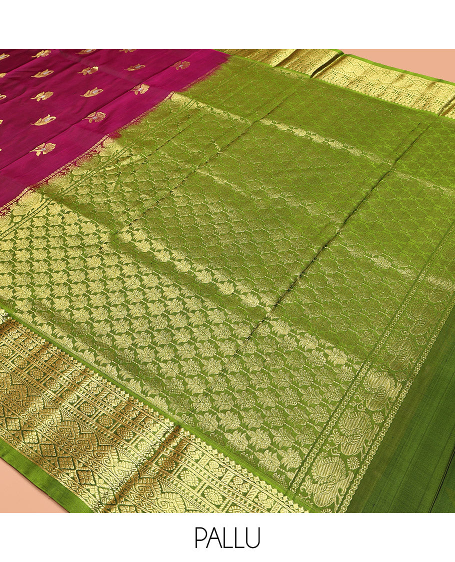 Purple Venkatagiri Silk Saree, Accentuated with Zari Buttas All Over Its Body, Complemented by a Contrast Traditional Zari Design Border, Pallu of Floral Designs, and Paired with a Contrast Blouse