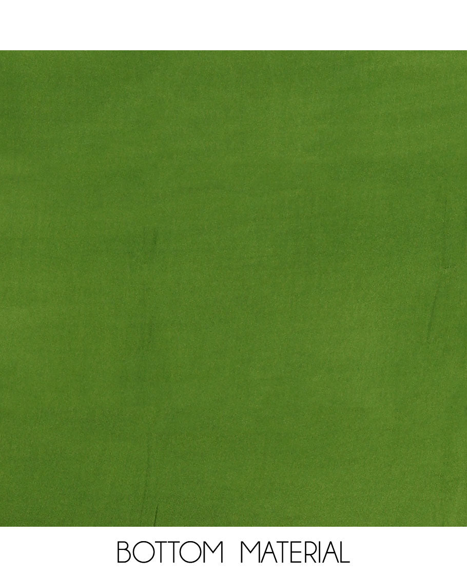 Black and green material chudidar set, sun brust and chakra motifs hand block printed Viscose georgette top, contrast bottom, and hand block printed viscose georgette dupatta