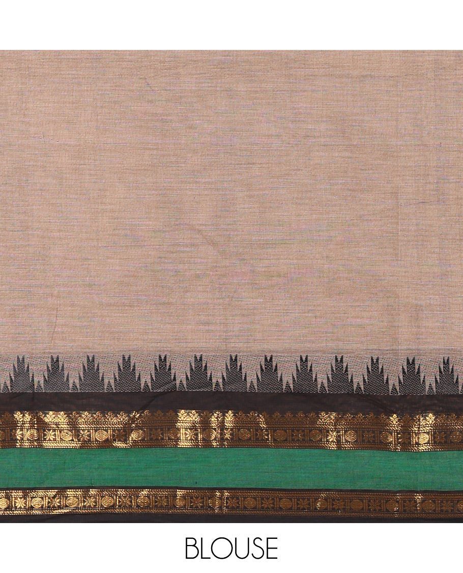 Steel Grey-Black Chettinad Cotton Half-Saree Featuring a Plain Skirt, Highlighted with a Contrast Traditional Zari Rettai Pettu Temple Border, a Subtly Woven Matching Blouse, and a Vichitra Silk Contrast Traditional Zari-Bordered Dhavani