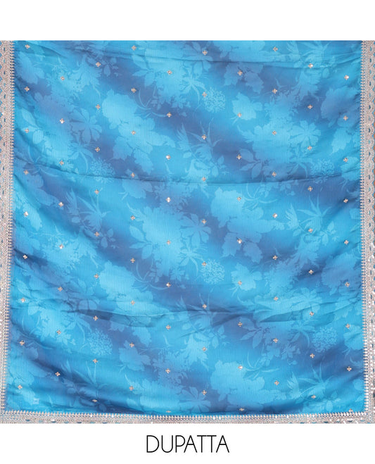 Blue Material Chudidar Set Mesmerized with Intricately Embroidered Muga Silk Top, Subtly Made Plain Santoon Bottom, and a Bemberg Chiffon Dupatta Featuring Floral Printed, and Embroidery