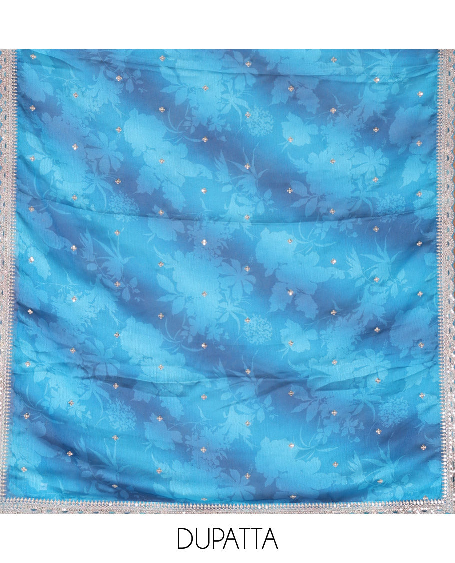 Blue Material Chudidar Set Mesmerized with Intricately Embroidered Muga Silk Top, Subtly Made Plain Santoon Bottom, and a Bemberg Chiffon Dupatta Featuring Floral Printed, and Embroidery