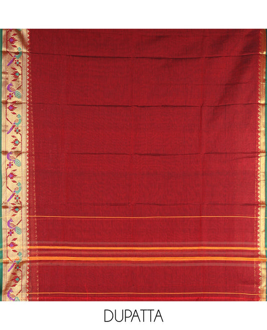 Maroon Mercerised Cotton Material Chudidar Features Plain Top, Contrast Paithani Zari Border, a Plain Bottom and a Matching Dupatta