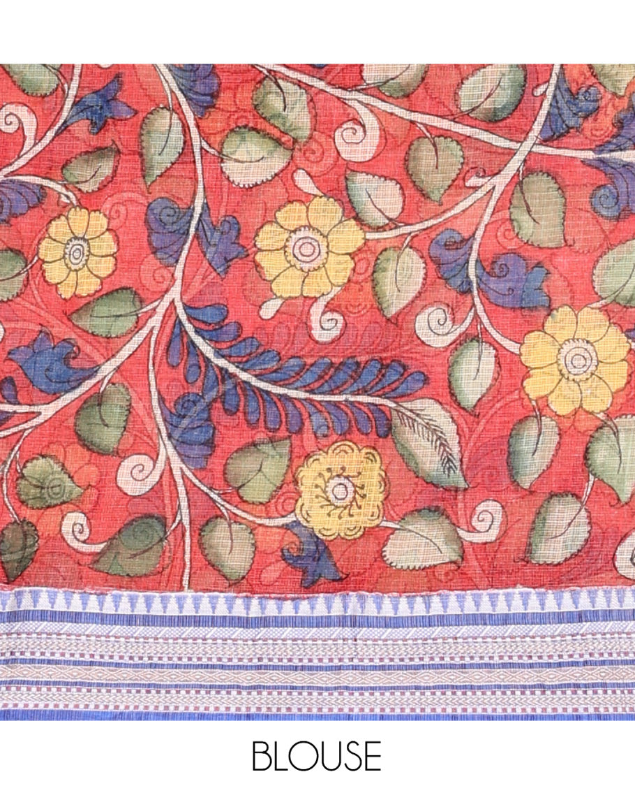 Light Sandal Kalamkari Silk Saree, Masterfully Woven with Human Figurines, a Contrast Traditional Border, Peacock Pallu, and a Contrast Blouse