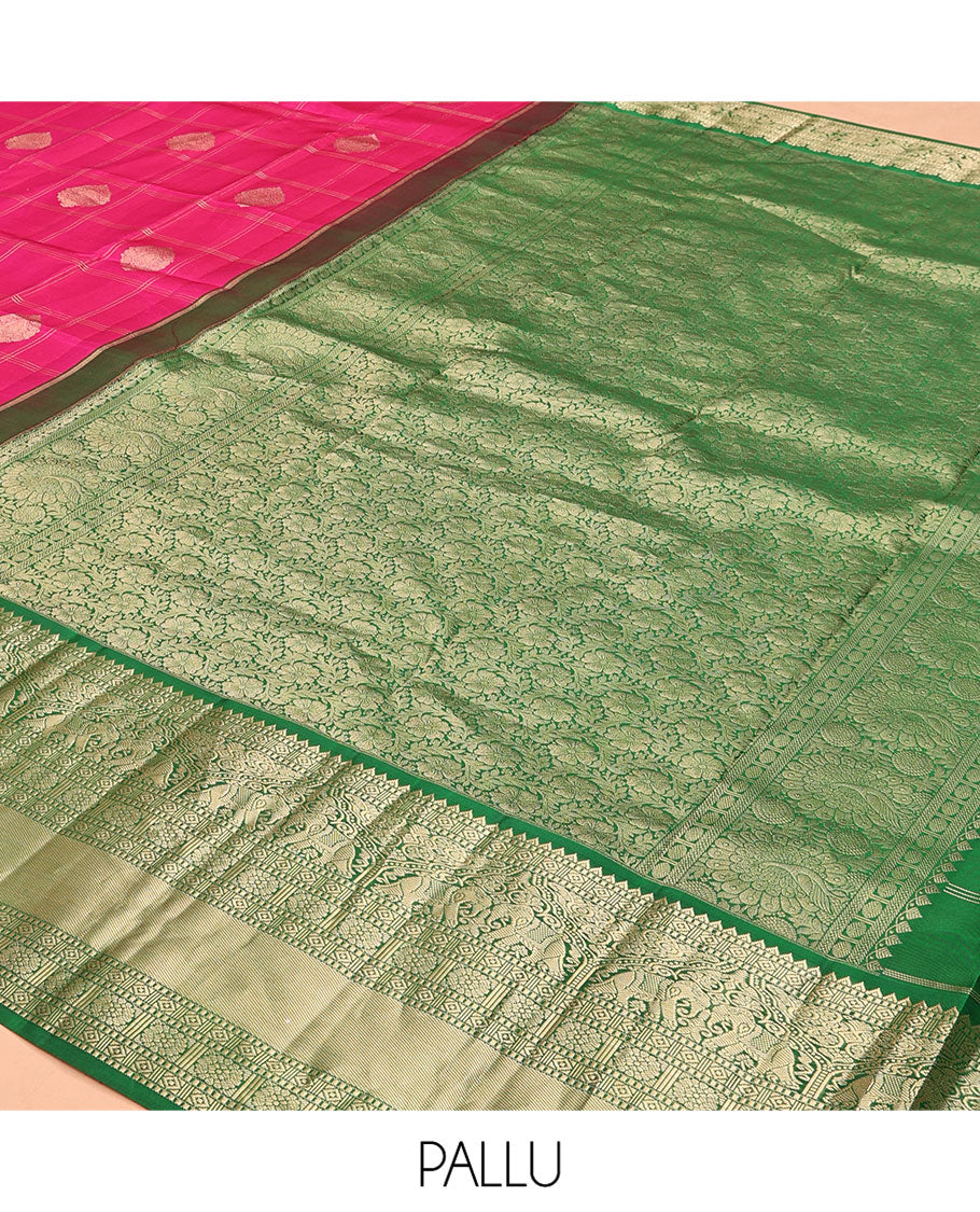 Pink Vasundhara Silk Saree, Embellished with Zari Butta Enclosed Checks, Contrast Border of Rekku, Diamond, Yaanai, and Chakram Designs, Floral Jaal Pallu, and a Contrast Blouse