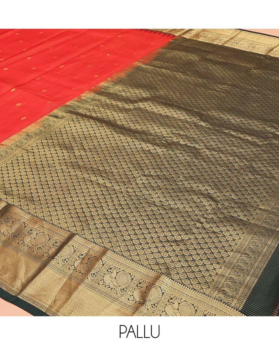Red Vasundhara Lite Silk Mix Saree, Delicately Woven with Zari Buttas and Stripes, Complemented by a Contrast Border of Rekku, Muthu, Mayil, and Mayil Kann Designs, Pallu Steeped with Peacock Feather-Like Designs, and Paired with a Contrast Blouse