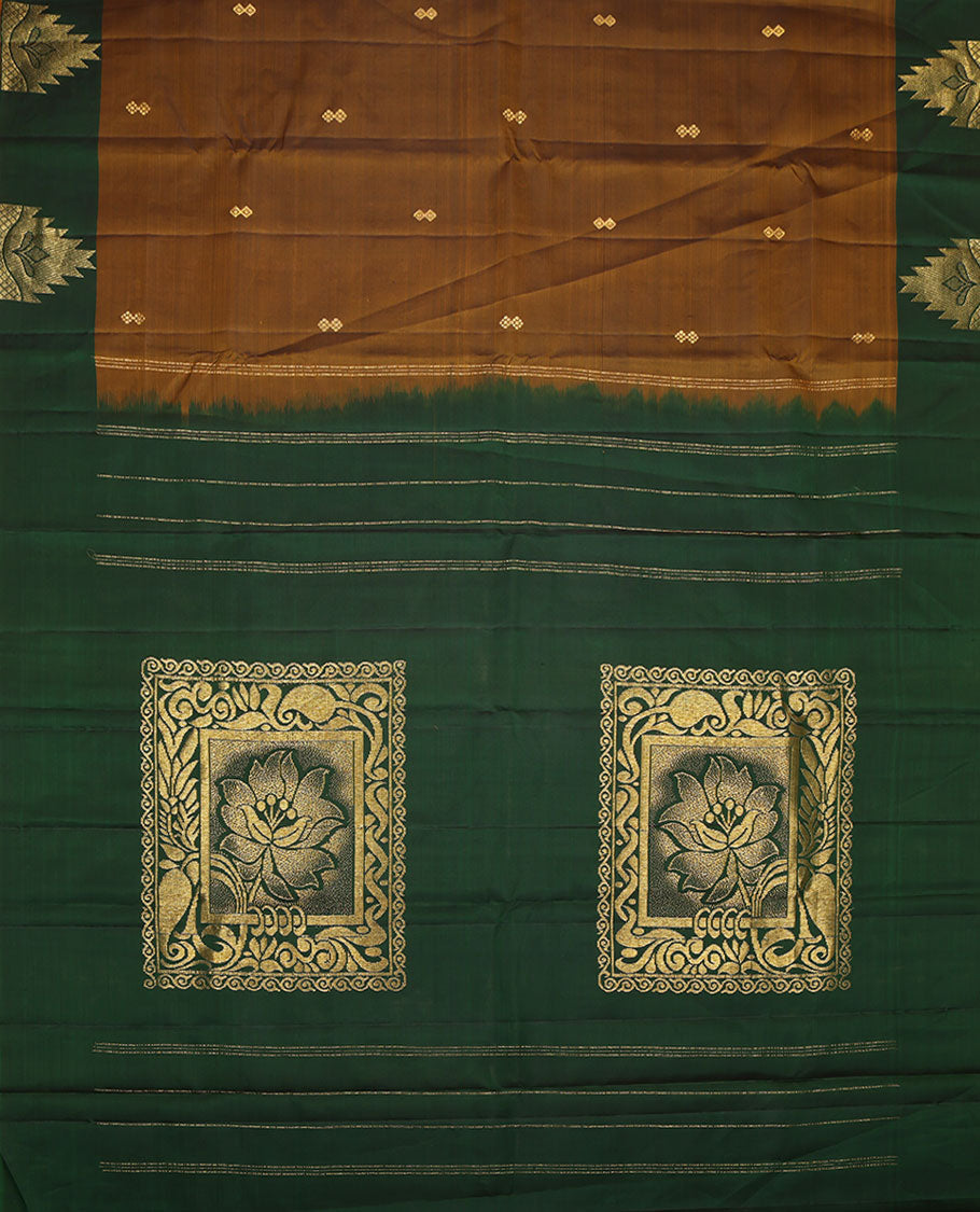 Brown Kanchipuram Silk Saree, Subtly Woven with Buttas, Complemented by a Contrast Thazampoo Rekku Border, Grand Floral Pallu, and Contrast Blouse