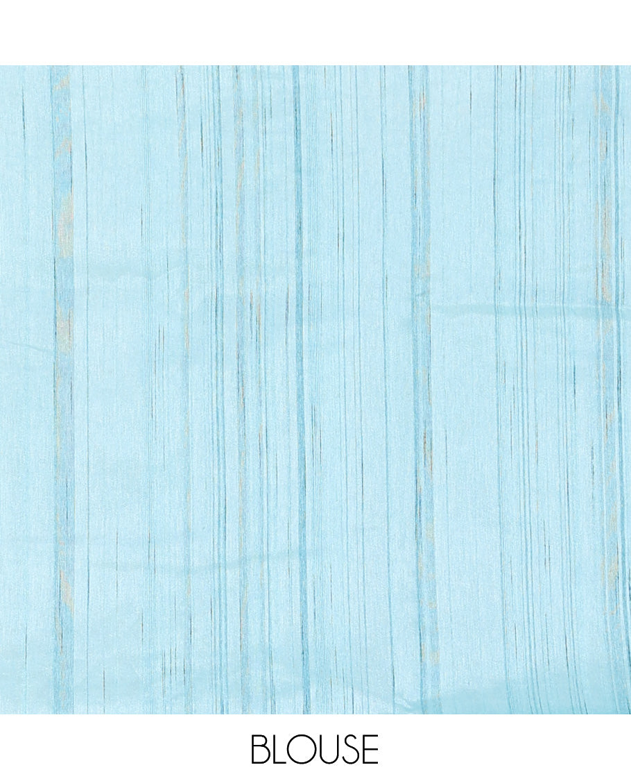 Blue Tussar Silk Saree Features Stripes and Floral Embroidery, a Scallop-Embroidered Border, and a Matching Blouse