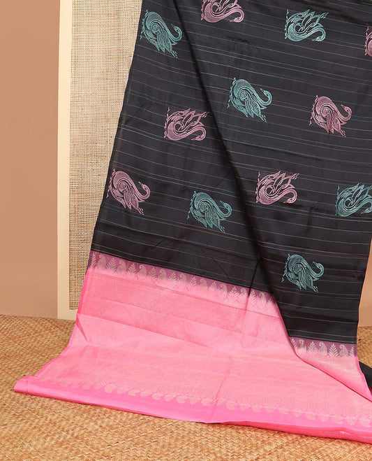 Borderless black striped, bird design kancheepuram silk saree with floral design pallu