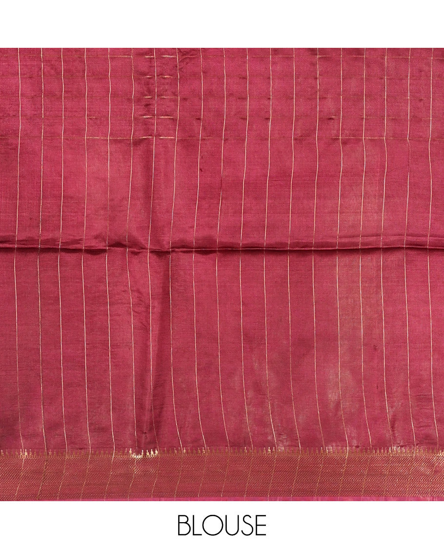 Maroon Banana Pith Saree, Gleamed Up with Checks and Buttas, a Zari Temple Border, Striped Pallu, and Matching Blouse