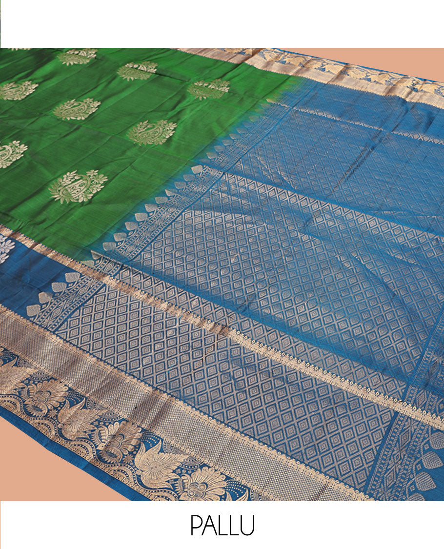 Green Uppada Silk Saree, Adorned with Zari Buttas, Complemented by a Contrast Traditional Zari Border, Grand Pallu, and a Contrast Blouse