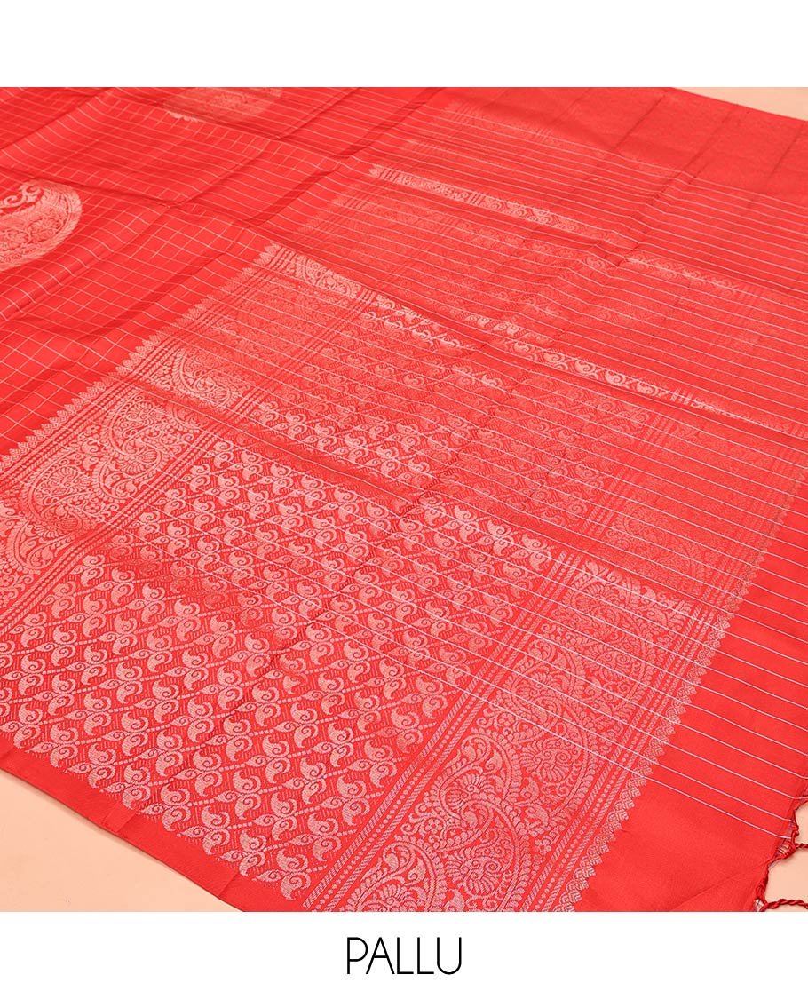 Red Mayuri Soft Silk Saree, Richly Detailed with Manga Buttas and Zari Checks On Its Body, Highlighted by Intricately Designed Pallu, and Paired with a Matching Blouse