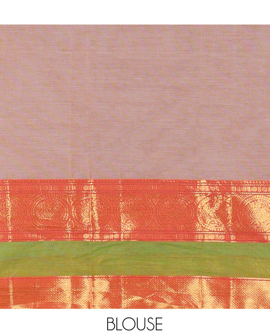 Grey Chettinad Cotton Half-Saree Featuring Plain Skirt, Complemented by Contrast Rettai Pettu Border of Round Peacock and Peacock Eye Designs, Paired with a Matching Blouse, and a Satin Georgette Zari Bordered Dhavani