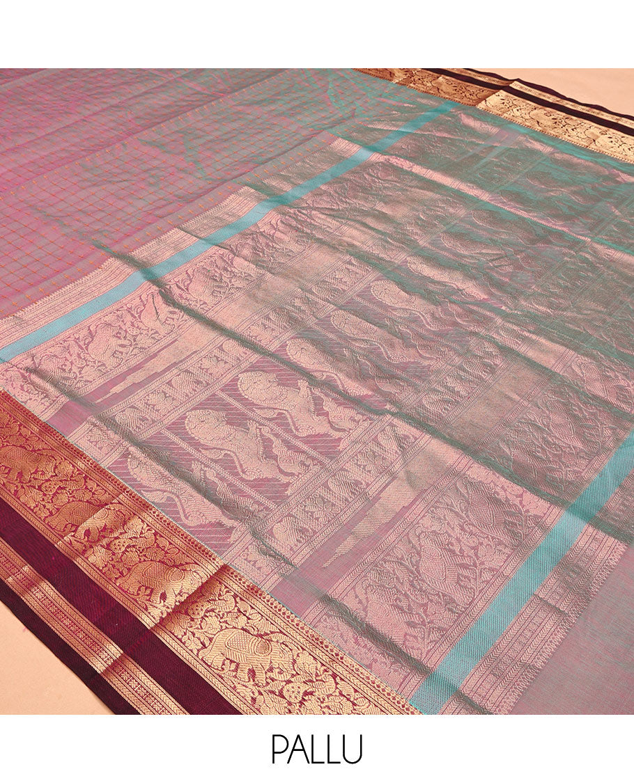 Purple Checked Kuppadam Silk Saree, Contrast Double-Pet Elephant Border, Grand Pallu, Matching Blouse