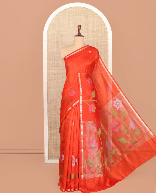 Orange  Matka Silk Saree, Meticulously Woven With Jamdani-Style Leaf Motifs and Floral Design On Its Body, Subtle Piping Border, Tissue Pallu of Jamdani Floral Weave, and Paired with a Contrast Blouse