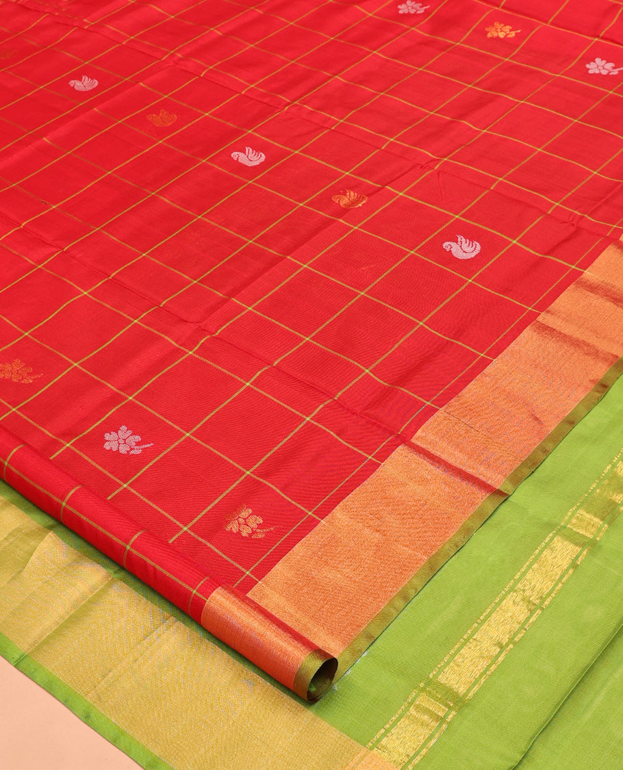 Red Uppada Silk Saree, Gleamed Up with Butta Enclosed Checks, a Contrast Zari Border, Pallu of Zari Designs, and a Contrast Blouse