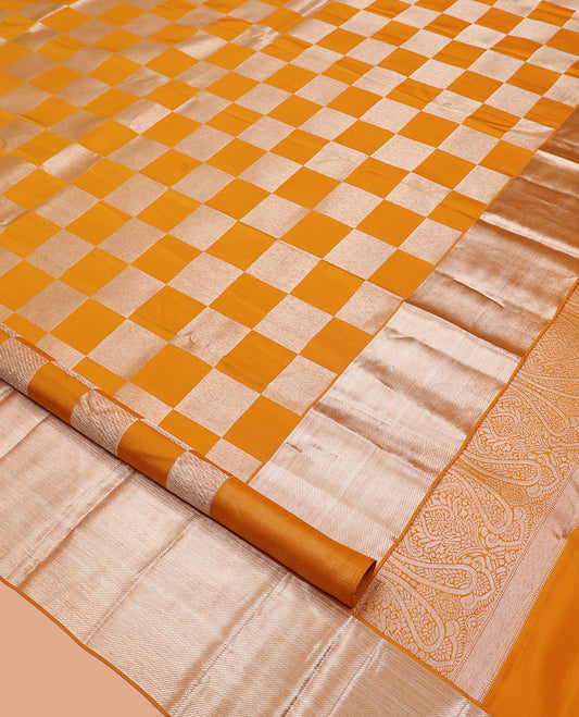 Yellow Checked Kanchipuram Wedding Silk Saree, Highlighted by a Zari Border, Intricately Designed Pallu, and Matching Blouse