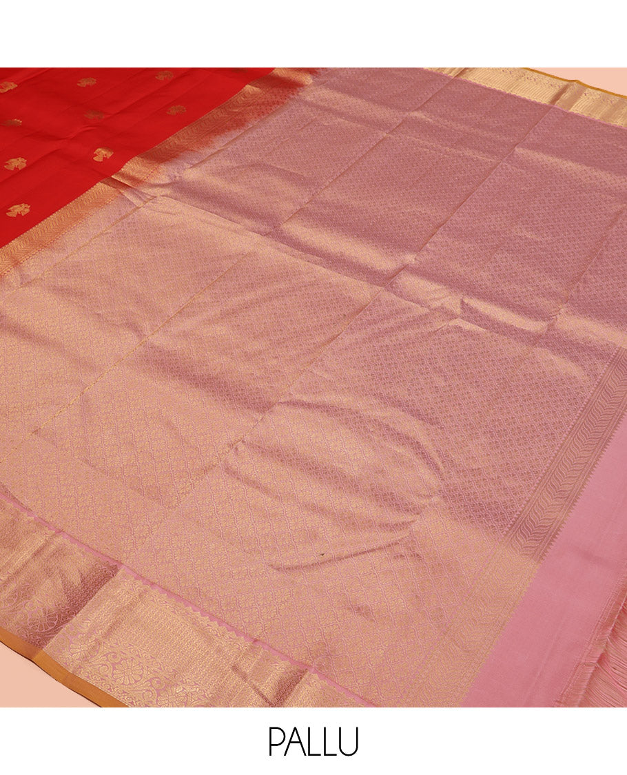 Red Vasundhara Silk Saree, Beautifully Bedecked with Iruthalai Pakshi Buttas All Over Its Body, Complemented by a Contrast Border of Rekku, Then Kuli Kann, and Kodi Visiry Designs, Grand Pallu, and Paired with a Contrast Blouse