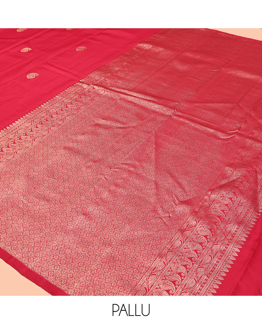 Red Kanchipuram Silk Saree, Adorned with Manga Buttas All Over Its Body, Highlighted by a Zari Border of Geometric Patterns, Grand Jaal Pallu, and Paired with a Matching Blouse