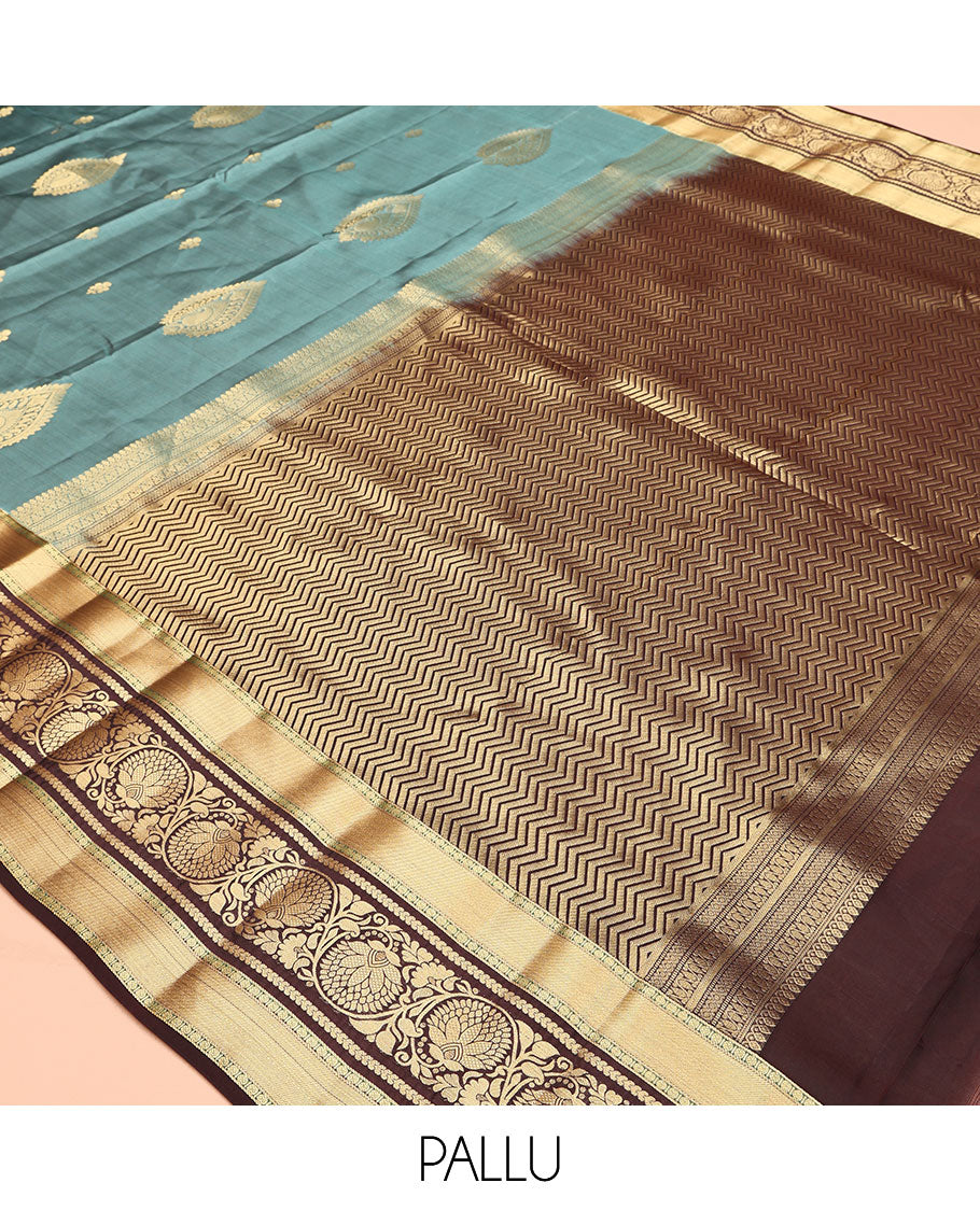 Blue Vasundhara Lite Silk Mix Saree, Woven with Zari Buttas, a Contrast Border of Kodi Visiri Designs, Grand Vanki Pallu, and a Contrast Blouse