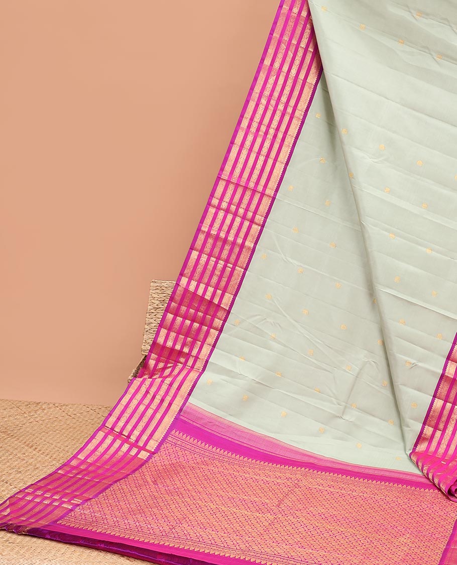 Grey kancheepuram silk saree with contrast korvai intricate zari design & checked zari design pallu