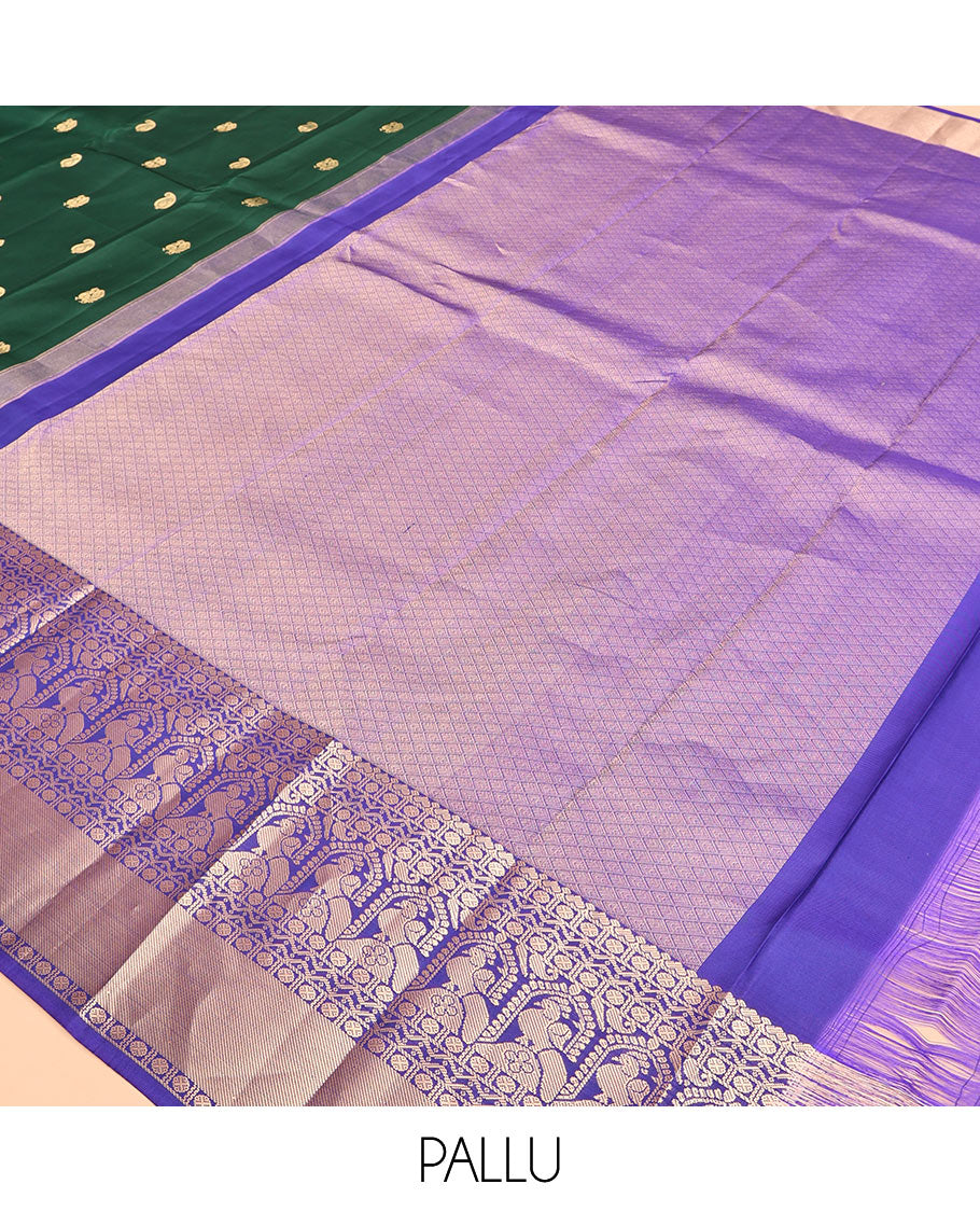 Green Vasundhara Silk Saree, Adorned with Zari Buttas, Complemented by a Contrast Border of Rudraksham, Neli, and Mayil Designs, Jaal Pallu, and a Contrast Blouse