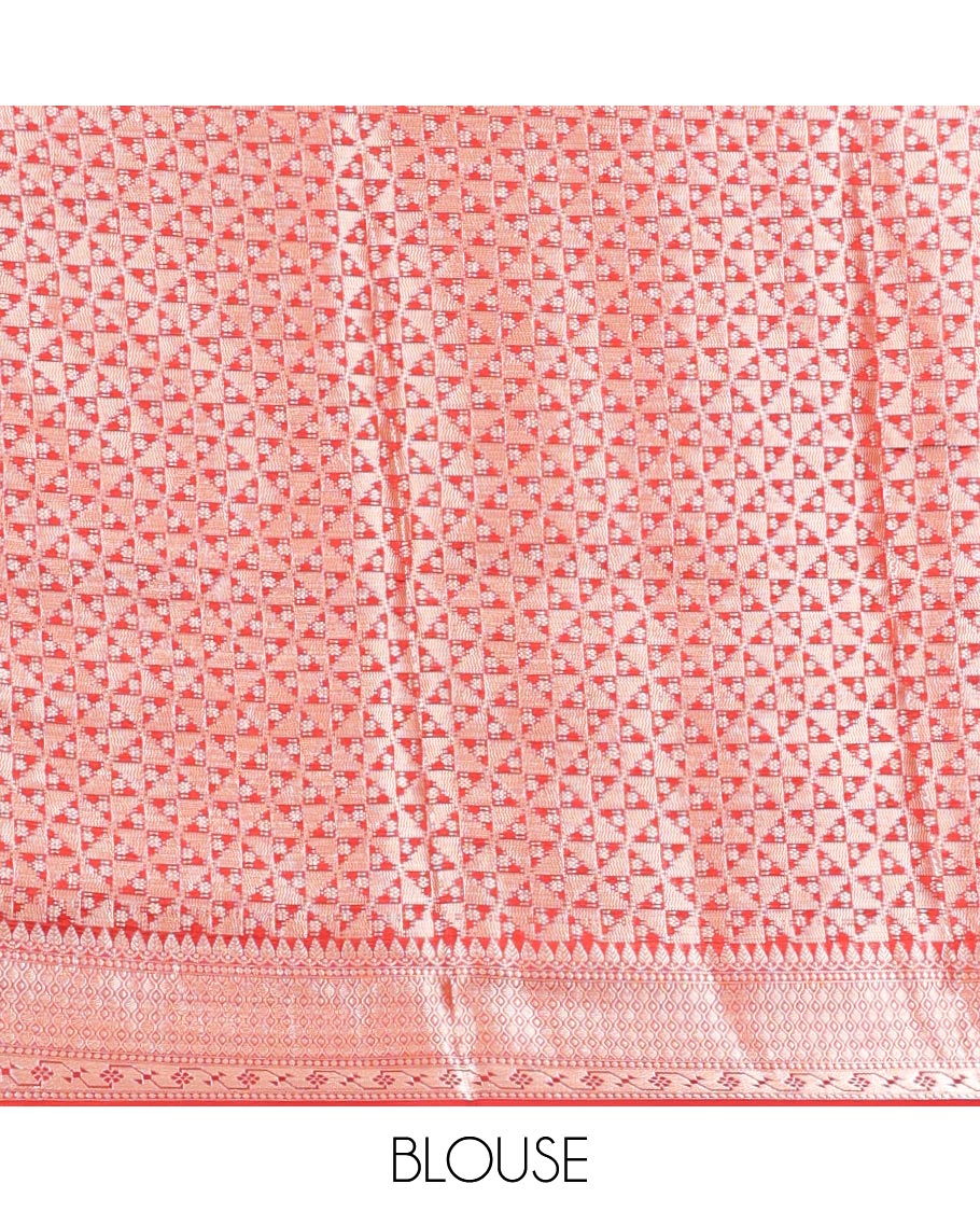 Pink Dupion Silk Saree, Adorned with Rangkat-Style Floral and Zari Stripes, a Contrast Traditional Zari Border, Geometric Pallu, and a Contrast Blouse