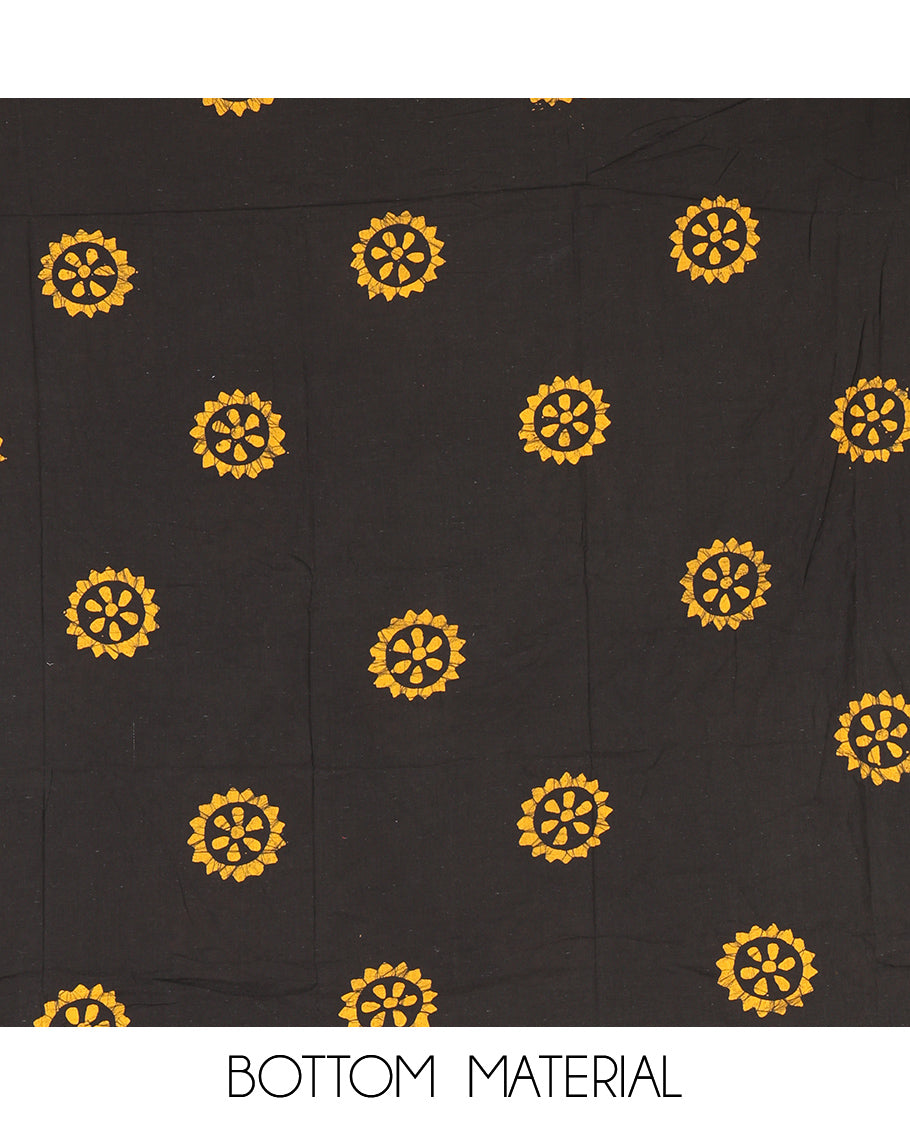 Black-Mustard Cotton Material Churidar Set, Paisley Batik Printed Top, a Matching Bottom, a Batik Printed Dupatta