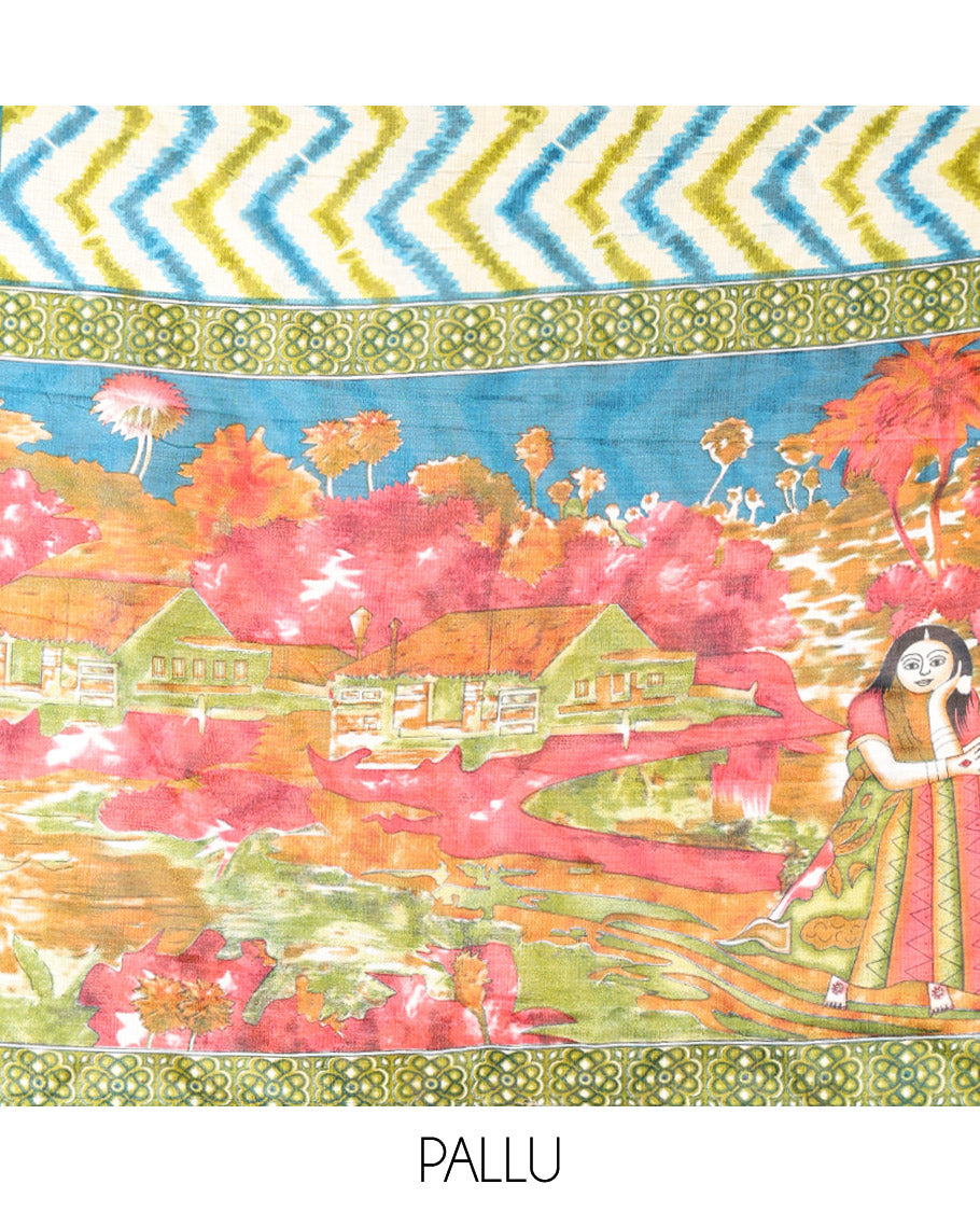 Chikku Khadi Cotton Saree, Adorned with Zig-Zag Stripes All Over Its Body, Complemented by a Contrast Plain Border, Nature-Themed Scenery Printed Pallu, and Paired with a Contrast Blouse