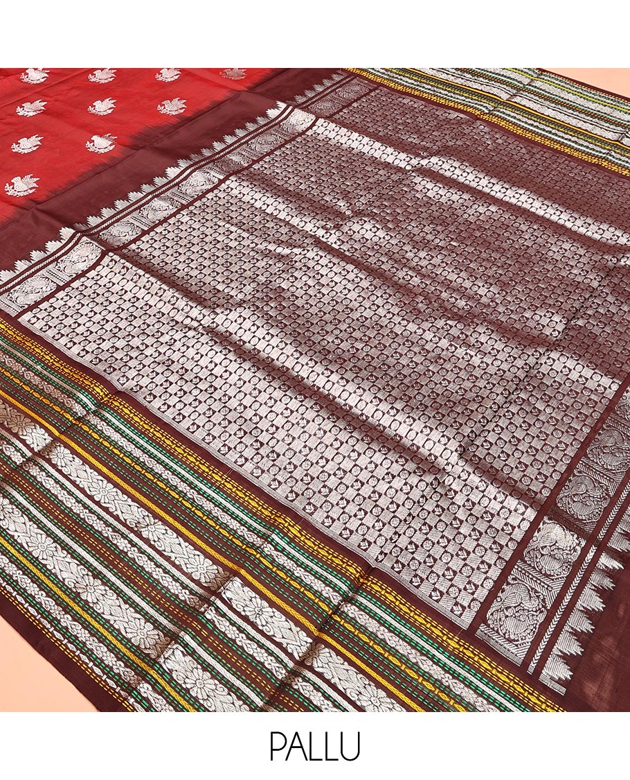 Red Zari Buttas Venkatagiri Silk Saree, a Contrast Traditional Border, Intricate Pallu, Contrast Blouse
