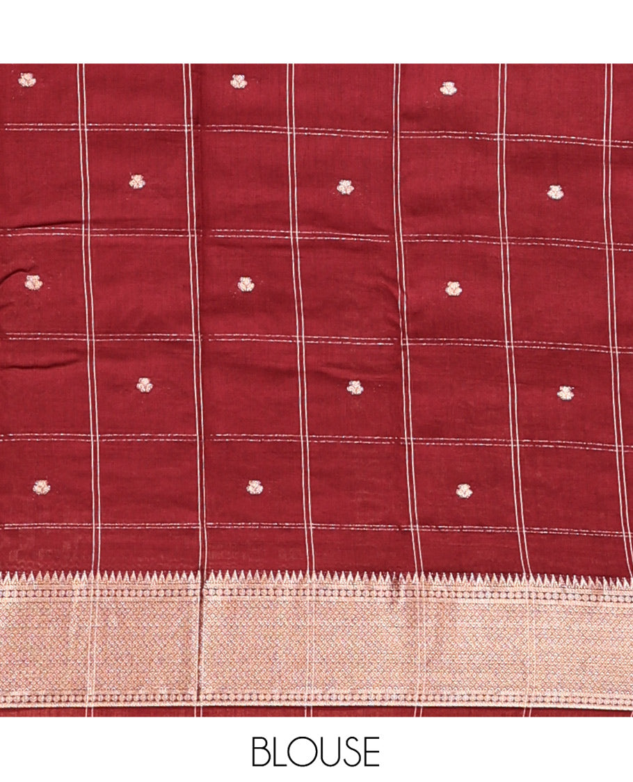 Green Assam Silk Saree, Adorned with Butta Enclosed Checks, Complemented by Contrast Traditional Zari Border, Gleaming Pallu, and Contrast Blouse
