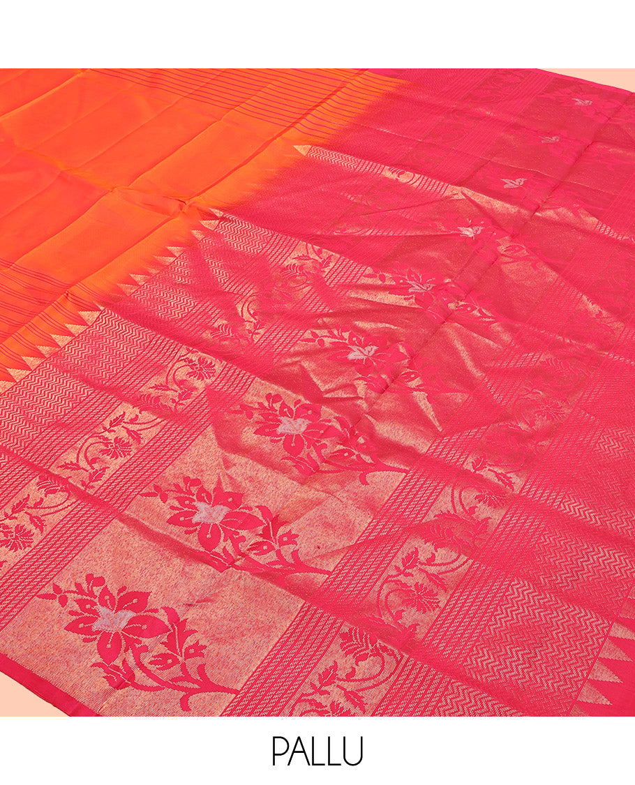 Orange Mayuri Soft Silk Saree, Subtly Sparkled with Stripes, Complemented by a Contrast Floral Creeper Border, a Pallu of Floral Designs, and a Contrast Blouse