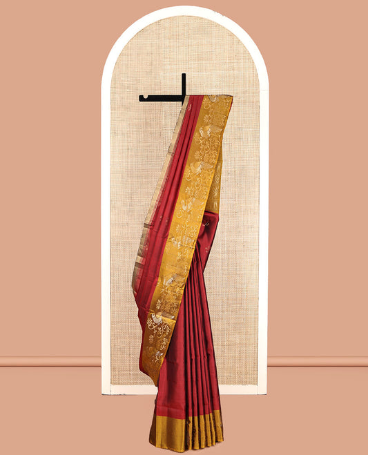 Red Mayuri Lite Silk Mix Saree, Adorned with Floral Buttas, Complemented by a Contrast Floral Border, Pallu of Bird Designs, and a Contrast Blouse