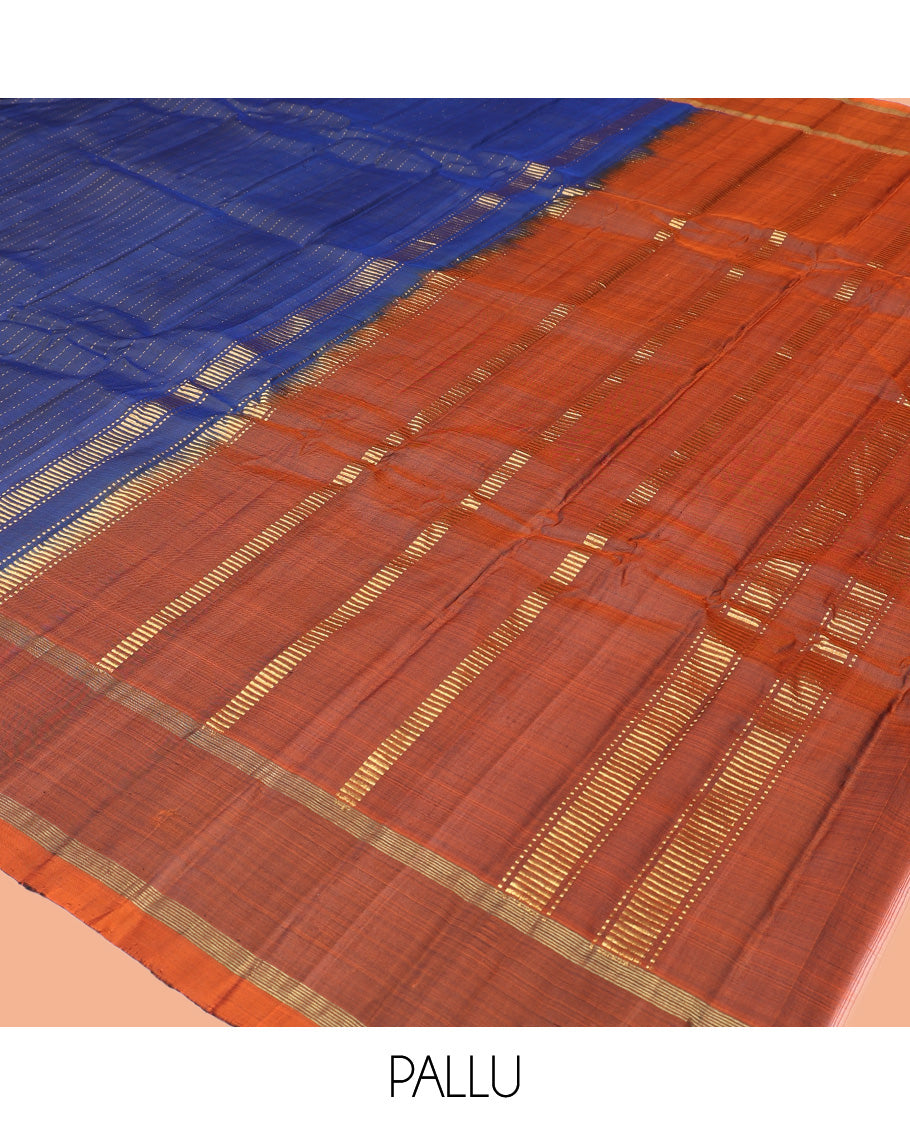 Blue Kanchipuram Silk Saree, Sparsely Woven with Muthu Zari Stripes, Complemented by a Contrast Border, Zari Design Pallu, and a Contrast Blouse