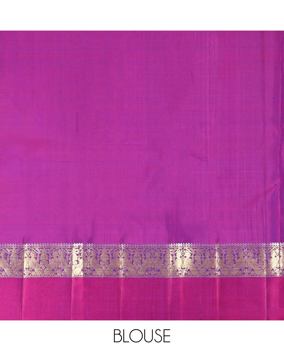 Blue Plain Kanchipuram Silk Saree, Complemented by a Contrast Border of Muthu, Mayil, and Vanki Designs, Jaal Pallu, and Paired with a Contrast Blouse