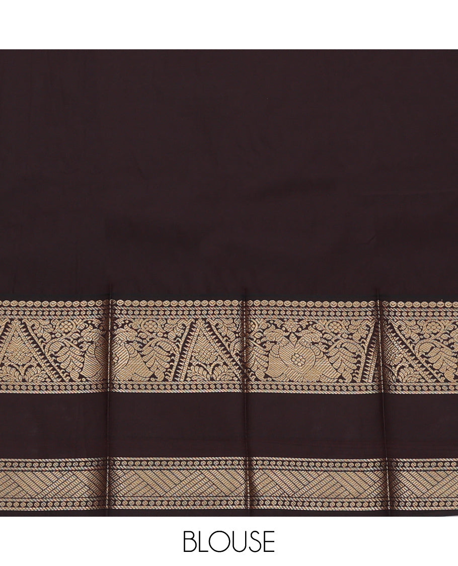 Red Budget Silk Saree, Adorned with Buttas and Stripes, Complemented by a Contrast Traditional Zari Rettai Pettu Border, Grand Jaal Pallu, and a Contrast Blouse
