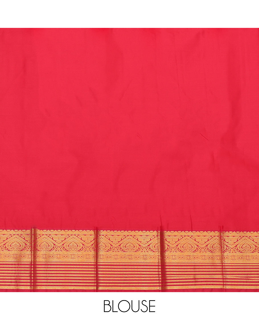 Green Budget Silk Saree, Graced with Zari Buttas, a Contrast Traditional Zari Border, Grand Jaal Pallu, and a Contrast Blouse
