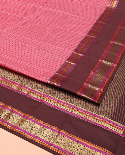 Pink Vasundhara Lite Silk Mix Saree, Decked Up with a Checked Design on Its Body, Complemented by a Contrast Rettai Pettu Border of Salngai, Poo Chakram, Muthu, Kathir, and Manga Designs, Pallu Steeped with Leaf Motifs, and Paired with a Contrast Blouse